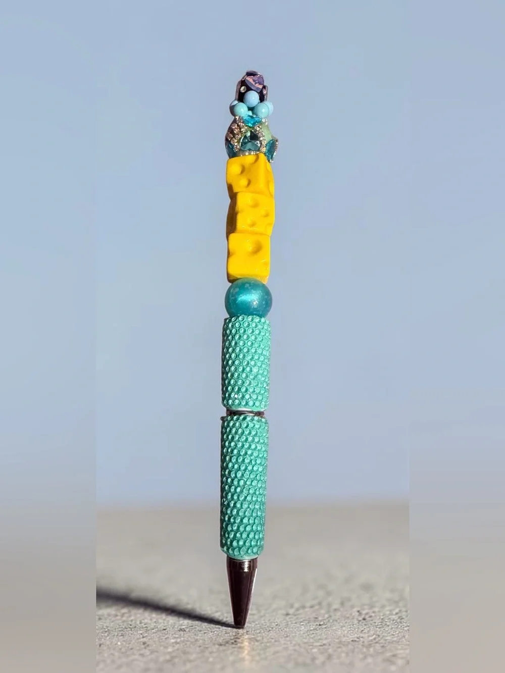 The Royal Cheese Pen 🧀👑 Handcrafted Turquoise & Yellow Beaded Pen